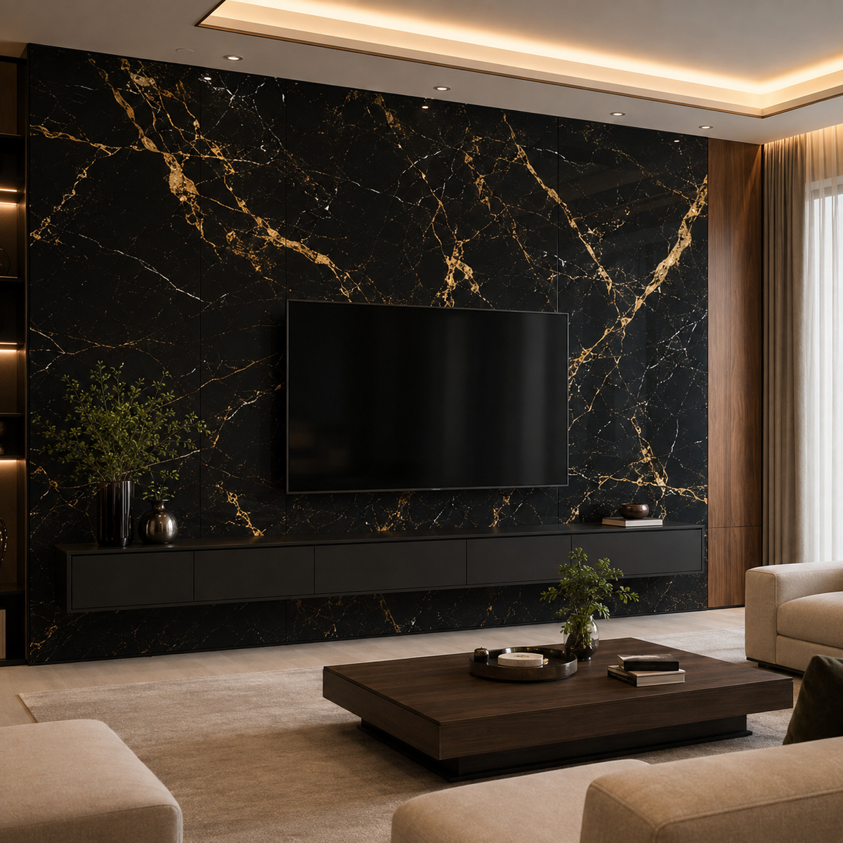 Obsidian Gold marble wall panel in a modern interior