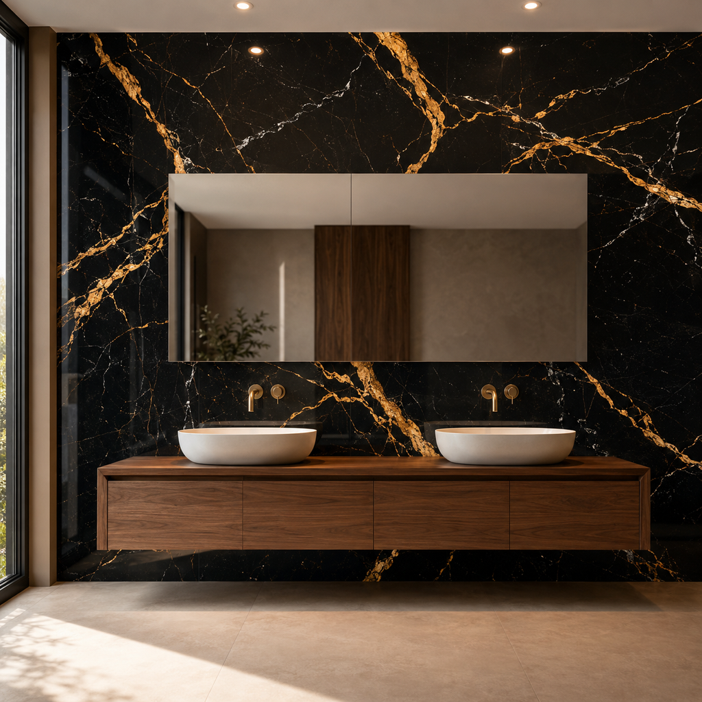 Obsidian Gold marble wall panel installed as a feature wall