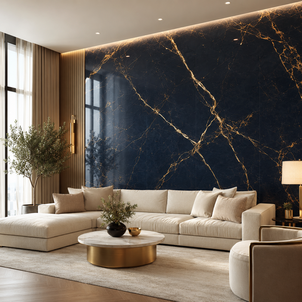 Navy Gold marble wall panel feature wall in a living room
