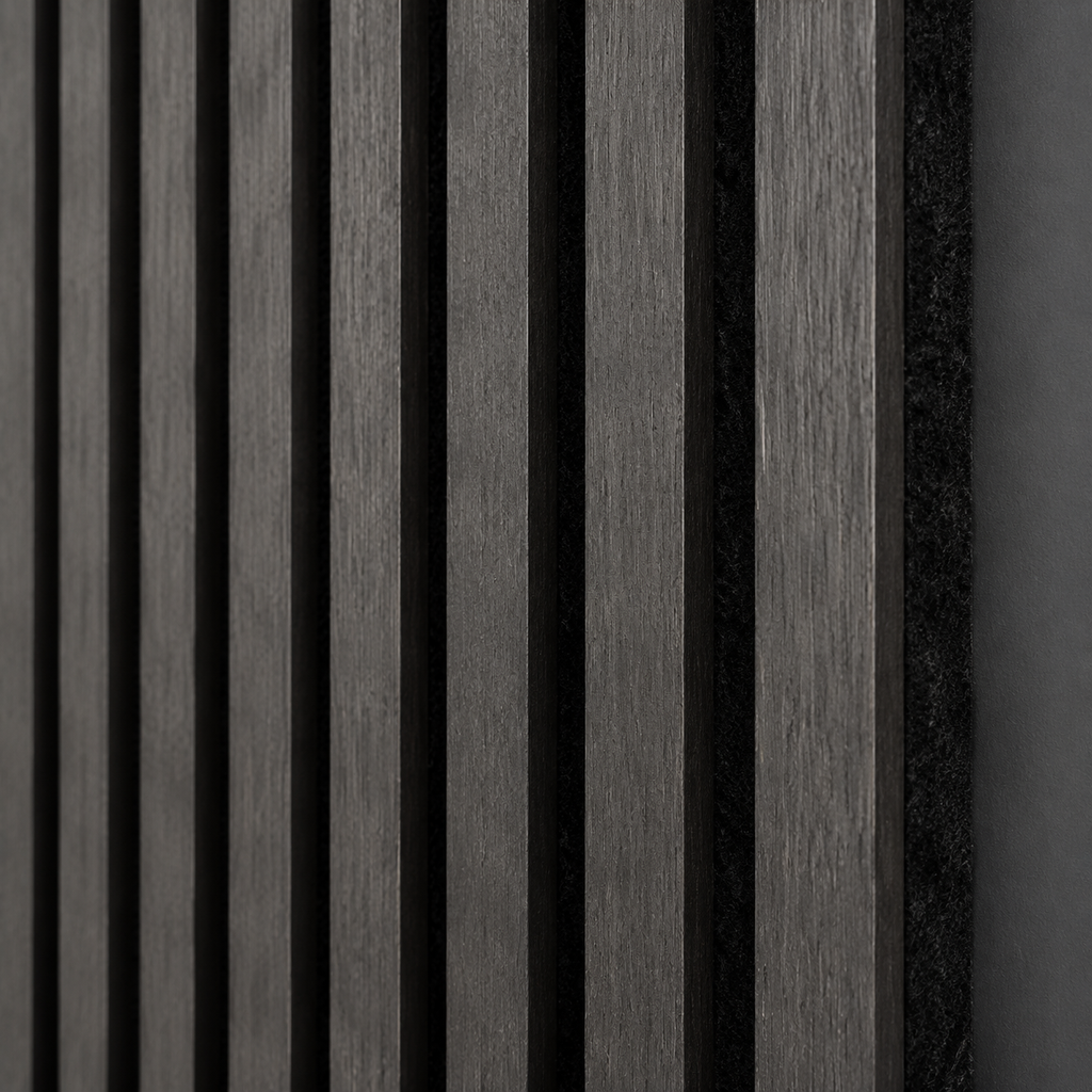Close-up of charcoal acoustic wood slat wall panel texture