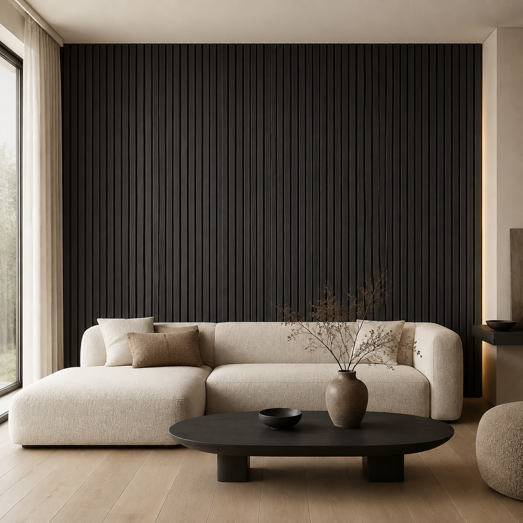 Charcoal acoustic wood wall panel installed in a living room
