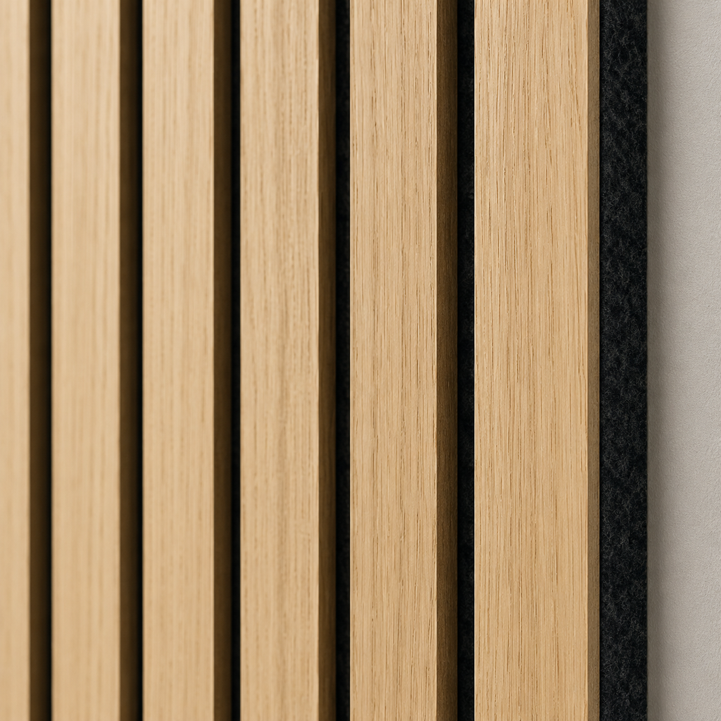 Close-up of White Oak acoustic wood slat wall panel texture