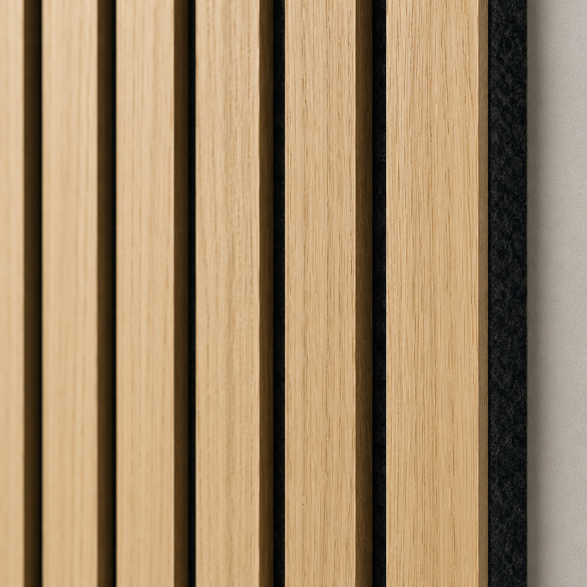 Close-up of White Oak acoustic wood slat wall panel texture