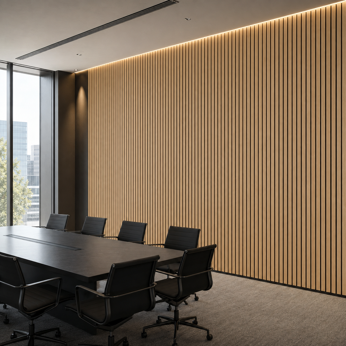 White Oak acoustic wood wall panel installed in a conference room