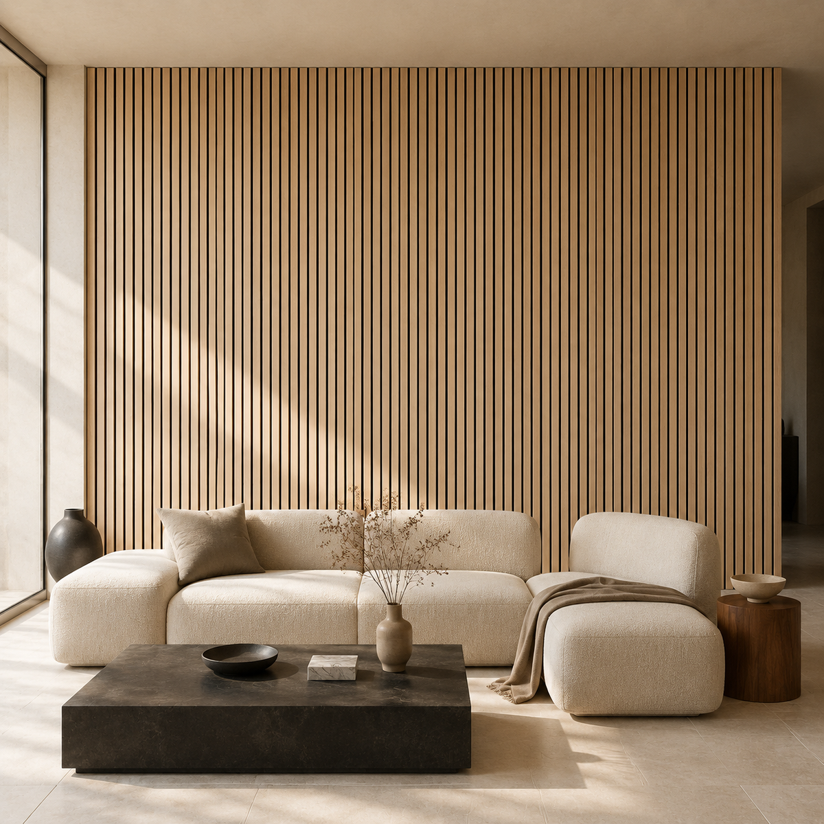 White Oak acoustic wood wall panel installed in a living room