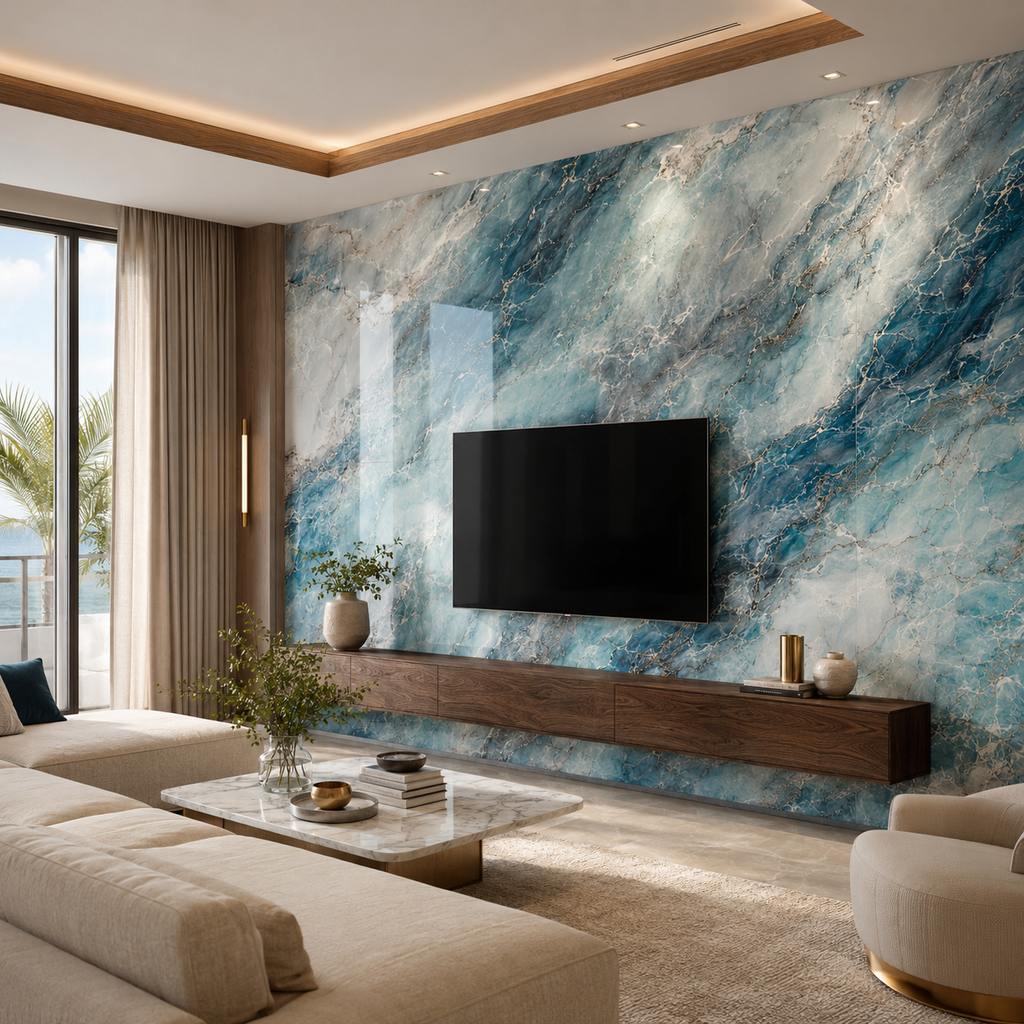 Ocean Marble wall panel installed as a feature wall