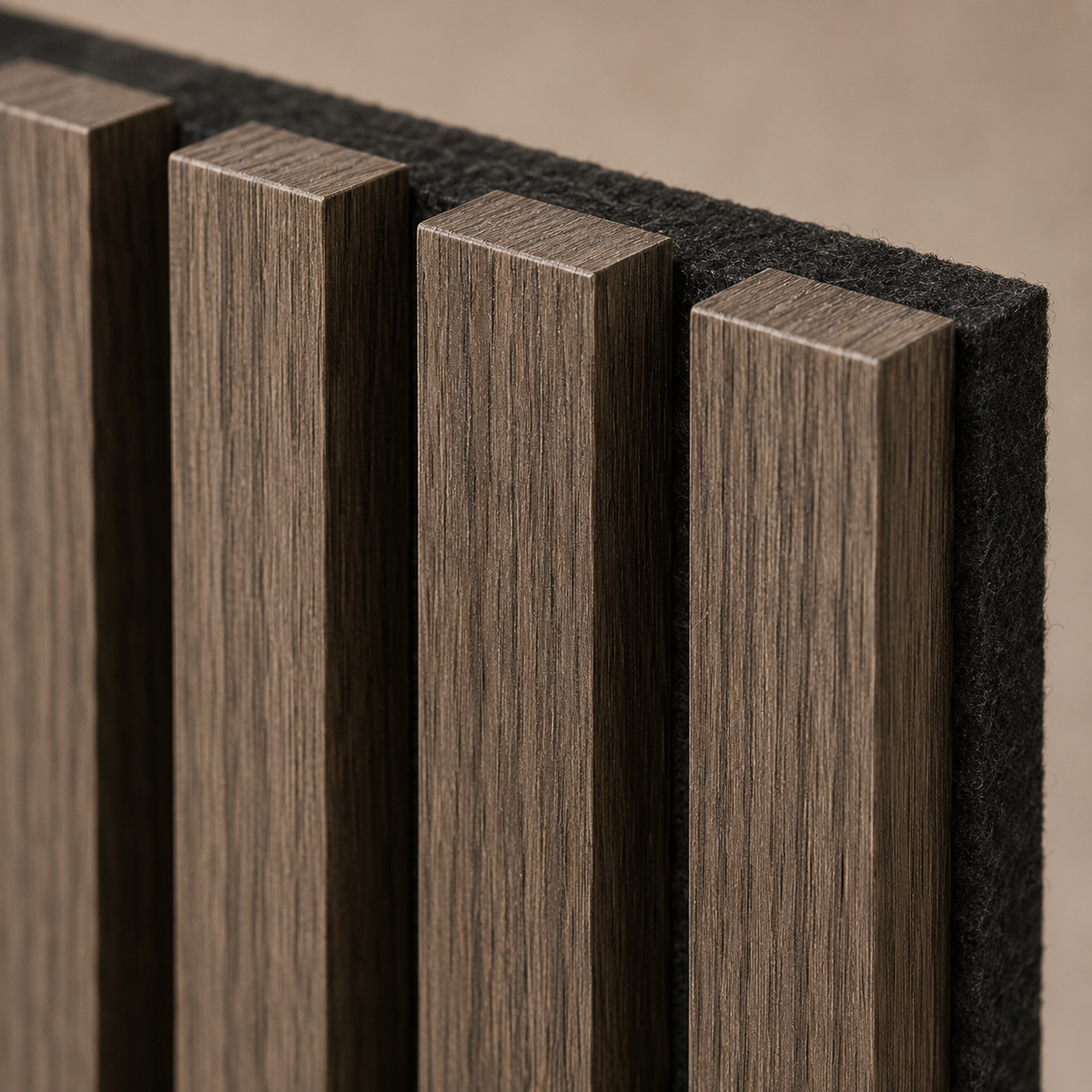 Close-up of Smoked Oak acoustic wood slat wall panel texture