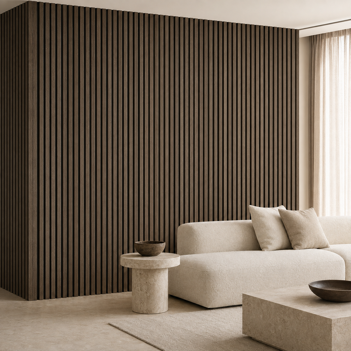 Smoked Oak acoustic wood wall panel on a feature wall