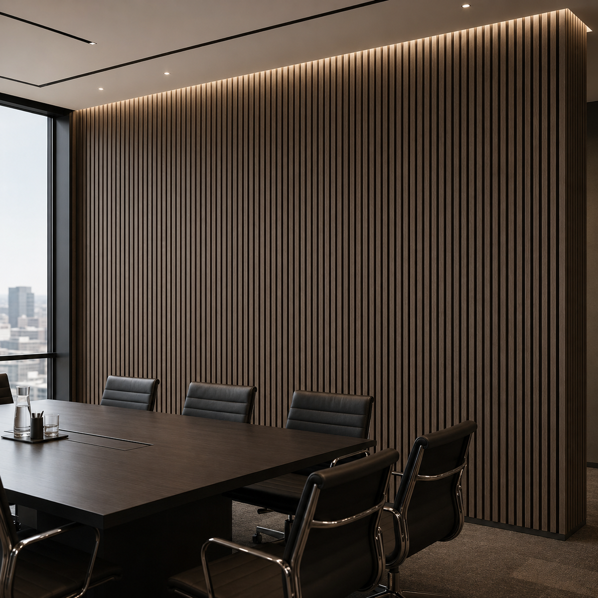 Smoked Oak acoustic wood wall panel installed in a home interior