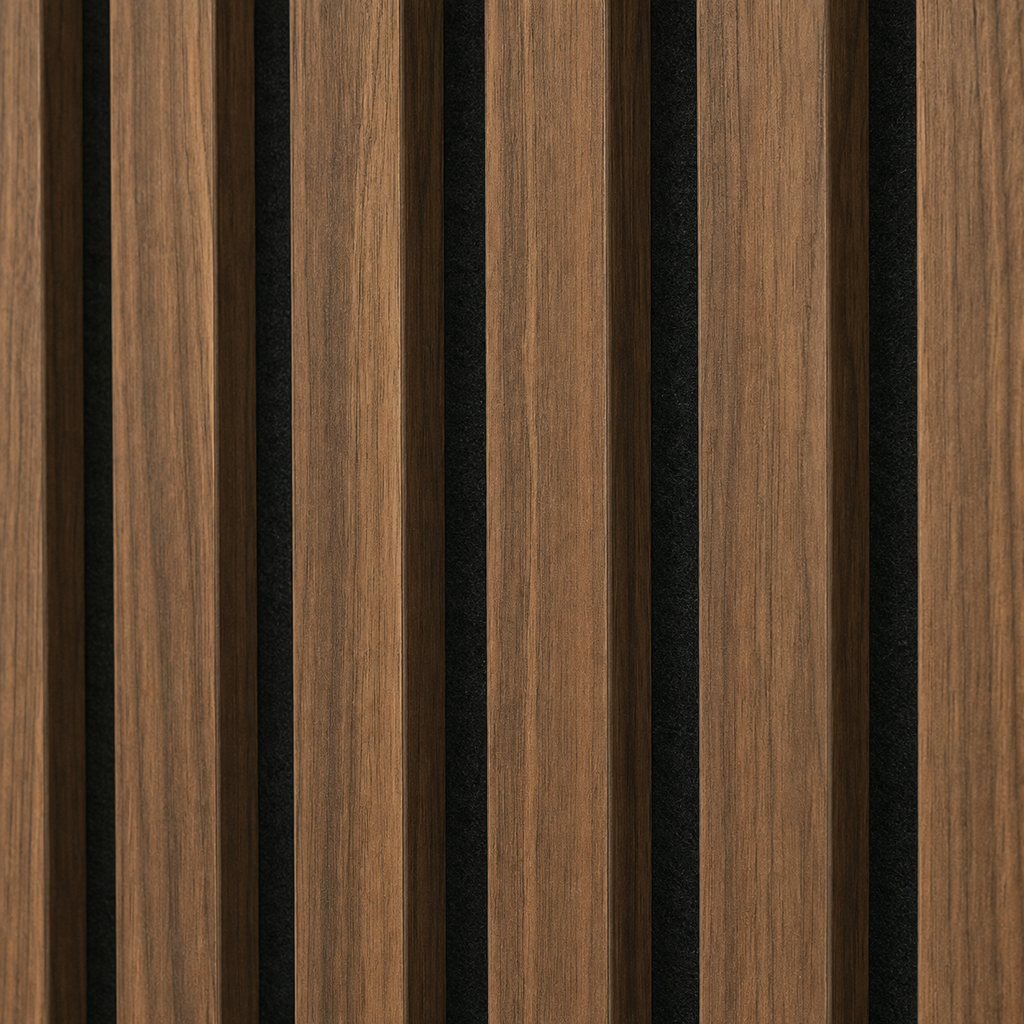 Close-up of walnut acoustic wood slat wall panel texture