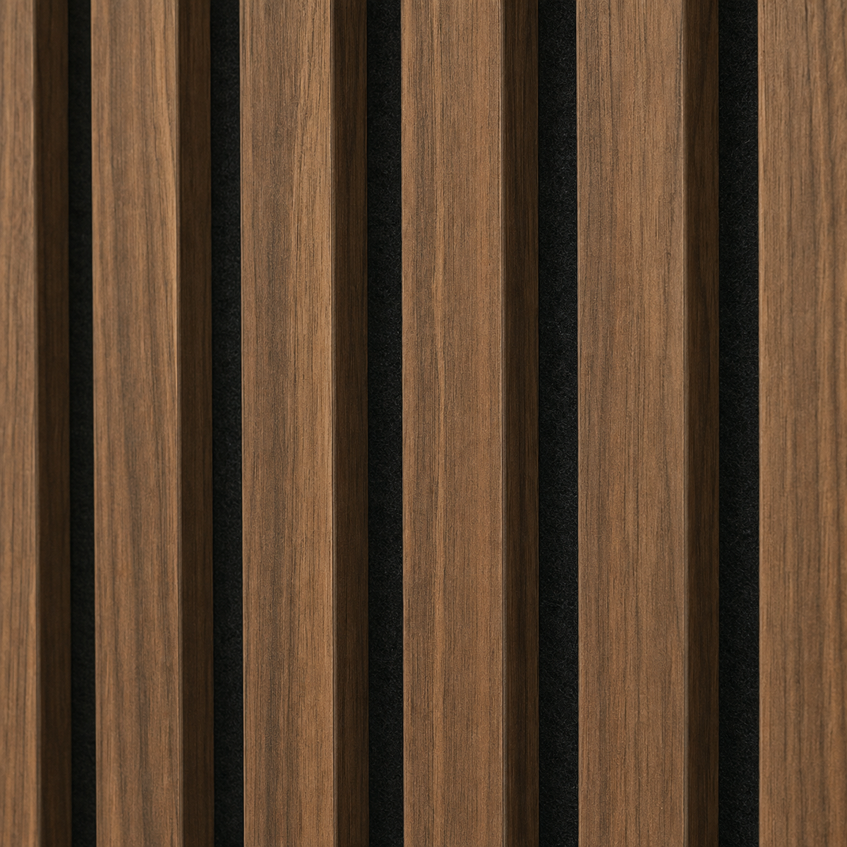 Close-up of walnut acoustic wood slat wall panel texture