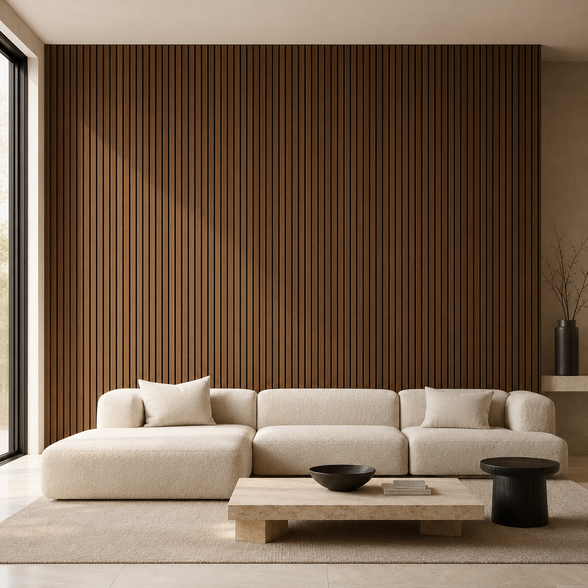 Walnut acoustic wood wall panel installed in a living room