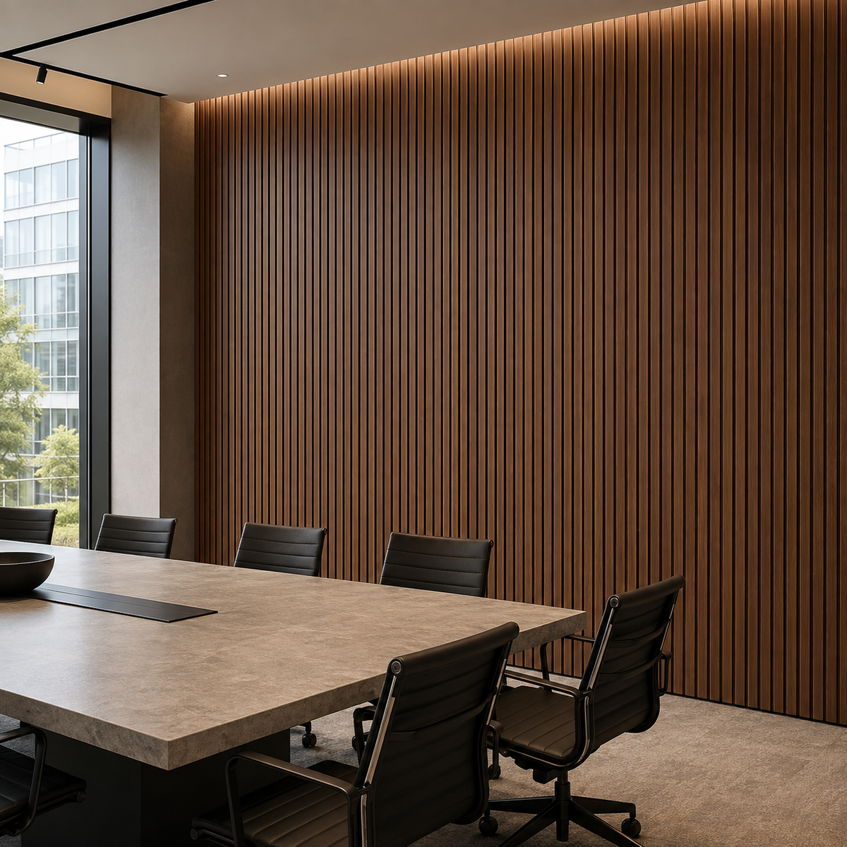 Walnut acoustic wood wall panel installed in a home office